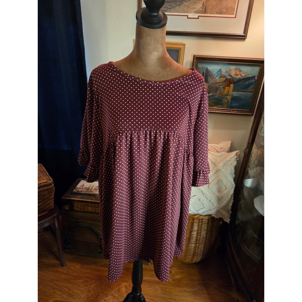 Chic Soul Burgundy Polka Dot Babydoll Blouse Ruffle Sleeve Mini Scoop Neck Wine